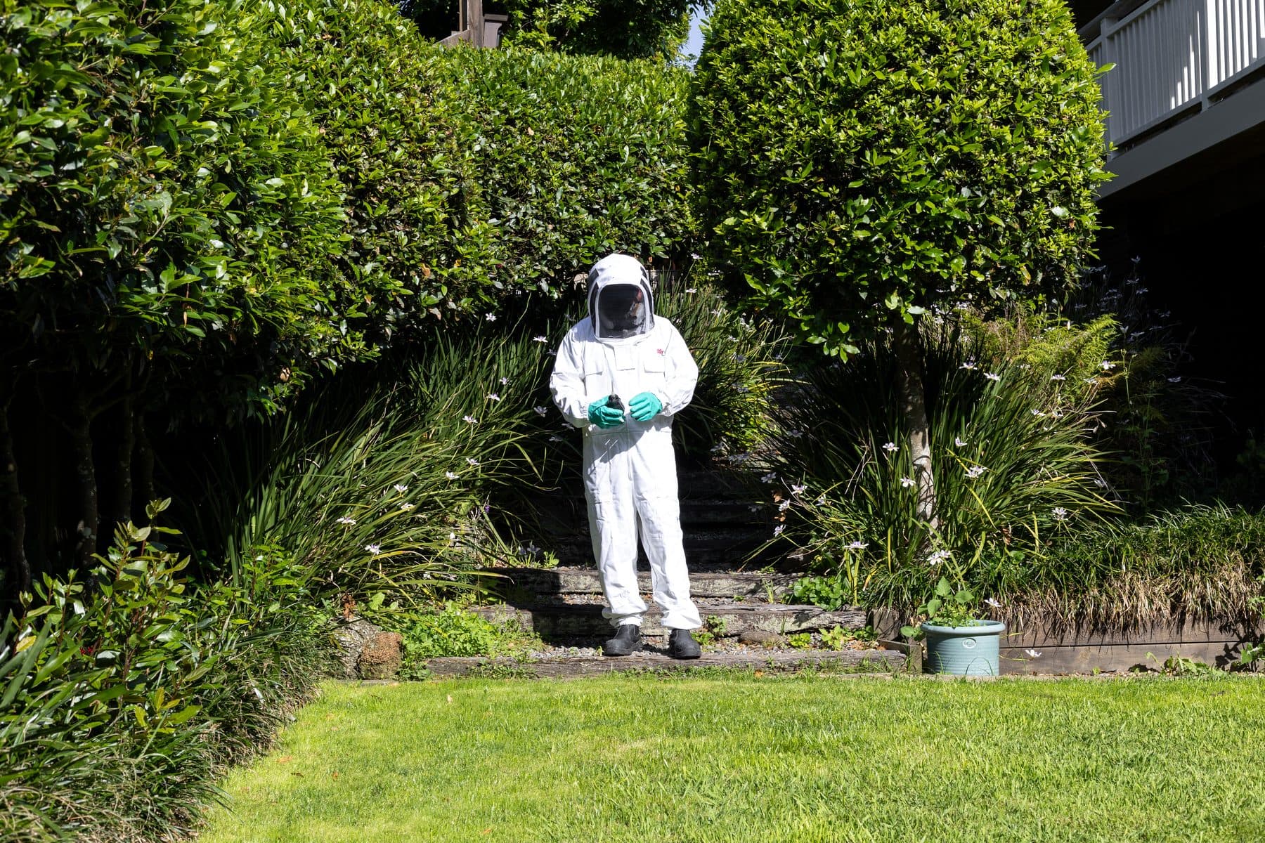 An NZ Pest Control technician treating a garden perimeter in full protective equipment